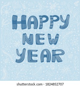 Patrón navideño. Ilustración vectorial sobre fondo azul con ramas, bayas y hojas. Tarjeta de doodle de Año Nuevo. Plantilla de letras de Año Nuevo Feliz. Tarjeta de felicitación o invitación. 