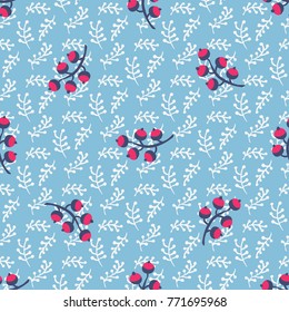Christmas holiday pattern. Vector illustration. Gentle seamless blue background of branches, berries and leaves. Happy Holidays.
