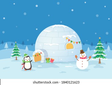 Christmas holiday with penguin and snowman on igloo snow background