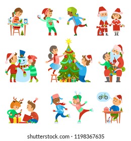 Christmas holiday people activities set vector. Child girl making handmade greeting cards, decoration of pine tree. Playing snowballs and making wish