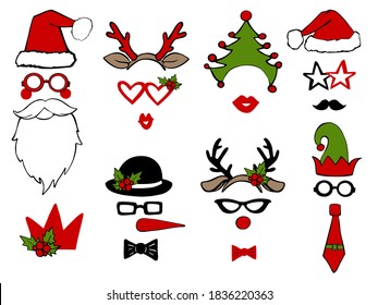 Christmas holiday photo booth mask. Vector xmas masquerade party costume accessories collection. Noel decoration for woman, man and kids. Happy new year cartoon face illustration template background