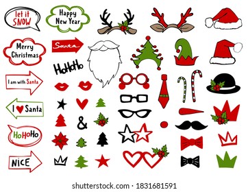 Christmas holiday photo booth props. Vector xmas masquerade party costume accessories collection. Noel decorations with fun arrow and bubble signs. Happy new year cartoon illustration card background