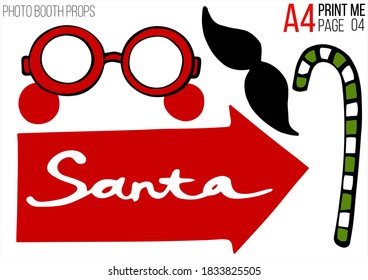 Christmas holiday photo booth props A4 template. Vector xmas masquerade party costume accessories collection. Noel decoration. Happy new year cartoon illustration card background