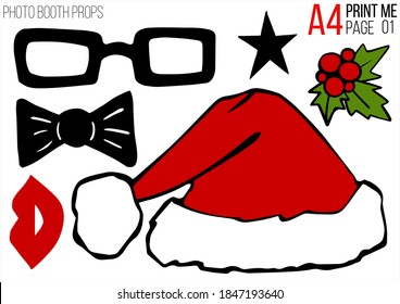 Christmas holiday photo booth props A4 template. Vector xmas masquerade party costume accessories collection. Noel decoration. Happy new year cartoon illustration card background