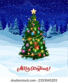 Christmas holiday pine tree on winter snow. Happy New Year festive poster, winter season greeting card or Christmas holiday vector banner with decorated toys, garland, bell and candy cane pine tree