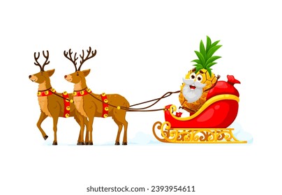 Personaje de caricatura de Nochebuena piña Santa. Personaje del vector del fruto de la piña de piña que entrega regalos navideños y regalos con trineo de Santa Claus, renos, campanas navideñas y bolso rojo festivo