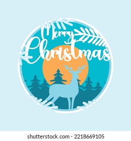 Christmas holiday postcard design. Illustration with winter scenery, deer, trees and hills. Paper cut layered card.