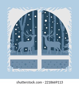 Christmas holiday postcard design. Illustration with deers, trees and florals. Paper cut layered card.