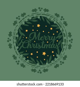 Christmas holiday postcard design. Illustration with  winter florals, Merry Christmas. Paper cut layered card.
