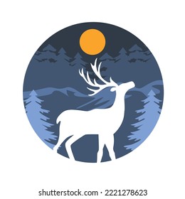 Christmas holiday postcard design. Illustration with deer, trees. Paper cut layered card.