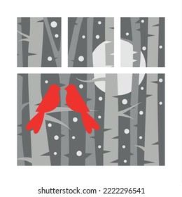 Christmas Holiday Postcard Design. Illustration With Winter  Birds And Trees. Paper Cut Layered Card.