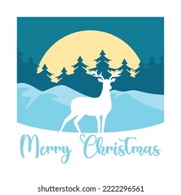 Christmas holiday postcard design. Illustration with winter scenery, deer, trees and hills. Paper cut layered card.