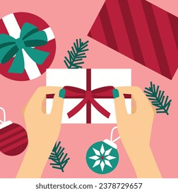 Christmas Holiday Preparation Illustration, Hand Wrapping Christmas Gift