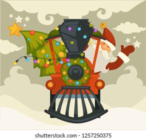 Christmas holiday preparation Santa Claus with evergreen tree riding old locomotive vector winter character driving steam train holding decorated fir spruce snowfall and cold weather outside.