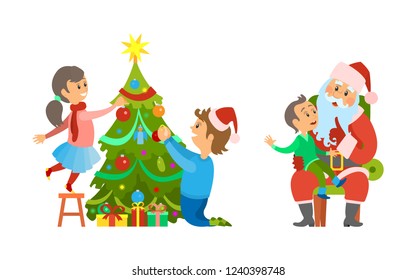 Christmas holiday preparation and tree decoration by family vector, Father and daughter spending time together by pine, Santa Claus and kid on laps