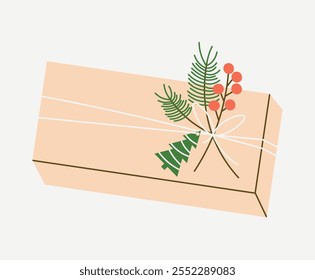 Christmas holiday present in modern eco-friendly packaging. Gift in kraft paper bag with spruce branch and twine. DIY gift tied with bow or rope. Flat vector illustration on white isolated background.