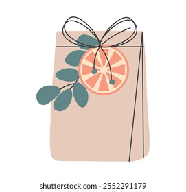 Christmas holiday present in modern eco-friendly packaging. Gift in kraft paper bag with branch, orange and twine. DIY gift tied with bow or rope. Flat vector illustration on white isolated background