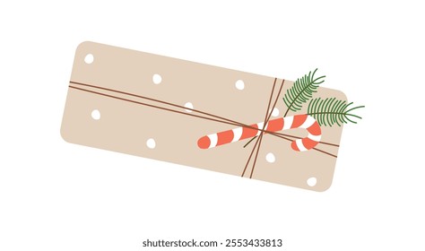 Christmas holiday present in modern eco-friendly packaging. Gift in kraft paper bag with spruce branch and candy cane. DIY tied with bow or rope. Flat vector illustration on white isolated background.