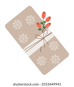 Christmas holiday present in modern eco-friendly packaging. Gift in kraft paper bag with berry branch.  DIY tied with bow or rope. Flat vector illustration on white isolated background.