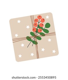 Christmas holiday present in modern eco-friendly packaging. Gift in kraft paper bag with green branch and berries.DIY tied with bow or rope. Flat vector illustration on white isolated background.