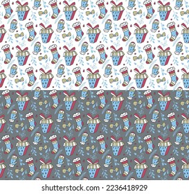 Christmas holiday present seamless pattern. Cute black line brush cartoon style decorative illustration, gift box, ribbons, festive socks, mittens, berry, plant, leaf. Transparent background. Vector