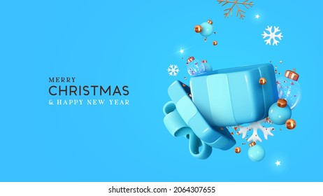 Christmas holiday realistic 3d gifts boxes. Open gift box full of decorative festive object. New year banner, web poster, flyer, stylish brochure, greeting card. Xmas background. Vector illustration
