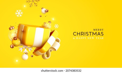 Cajas de regalos 3d realistas de Navidad. Abrir caja de regalo llena de objetos decorativos festivos. Banner de año nuevo, afiche web, volante, folleto elegante, tarjeta de saludo. Fondo de Navidad. Ilustración del vector