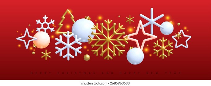 Navidades de fondo rojo de vacaciones con plástico 3D y chucherías metálicas, copos de nieve o juguetes. Navidades tarjeta de felicitación, cartel, Anuncio. Ilustración vectorial