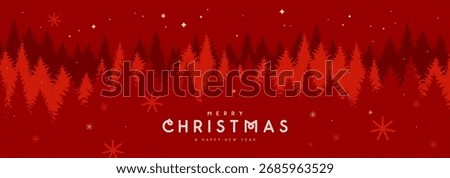 Christmas holiday red background, greeting card or banner with night fir tree forest. Vector illustration