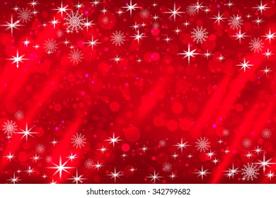 Christmas holiday red background with white snowflakes, shiny stars, rays. New year lights 