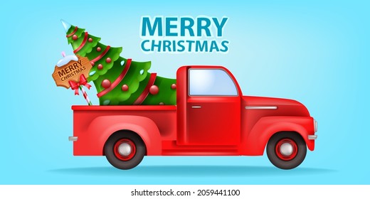 Christmas holiday red car illustration, vector x-mas retro truck postcard, decorated pine tree signboard. Winter season delivery concept pickup clipart, festive Santa Claus auto. Christmas card banner