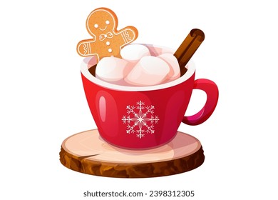 Christmas holiday red mug with hot beverage, marshmallow, gingerbread man, cinnamon stick on wood tray in cartoon style isolated on white background.