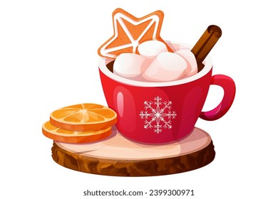 Christmas holiday red mug with hot beverage, marshmallow, gingerbread star, cinnamon stick and orange on wood tray in cartoon style isolated on white background.