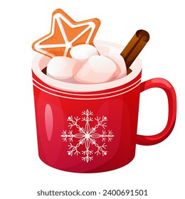 Christmas holiday red mug with hot beverage, marshmallow, gingerbread star, cinnamon stick in cartoon style isolated on white background.