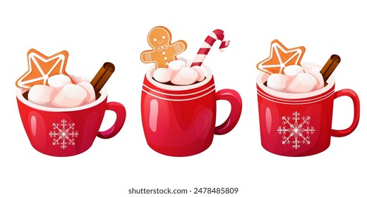 Christmas holiday red mug with hot beverage, marshmallow, gingerbread star, cinnamon stick isolated on white background.