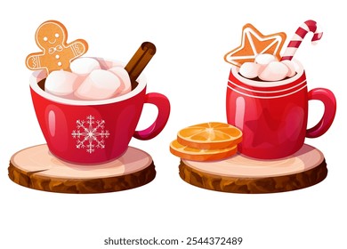 Christmas holiday red mug with hot beverage, marshmallow, gingerbread star, cinnamon stick isolated on white background.