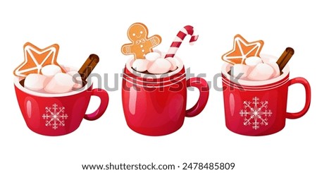 Christmas holiday red mug with hot beverage, marshmallow, gingerbread star, cinnamon stick isolated on white background.