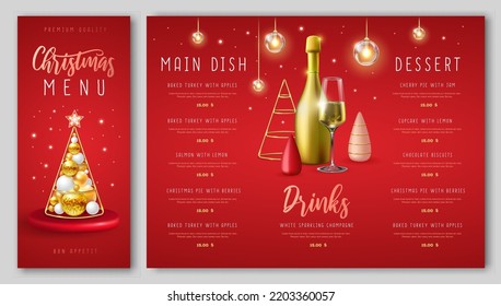 Christmas holiday restaurant menu design with realistic 3D plastic Christmas trees and champagne bottle. Vector illustration