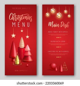 Christmas holiday restaurant menu design with realistic 3D plastic Christmas trees. Merry Christmas and Happy new Year greeting card. Vector illustration