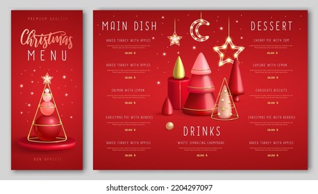 Christmas holiday restaurant menu design with realistic 3D plastic Christmas trees. Vector illustration