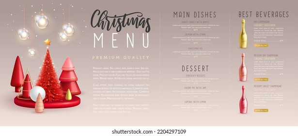 Christmas holiday restaurant menu design with realistic 3D plastic Christmas trees and champagne bottle. Vector illustration