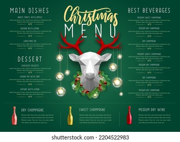 Christmas holiday restaurant menu design with 3D paper deer head and champagne bottle. Vector illustration