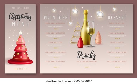 Christmas holiday restaurant menu design with realistic 3D plastic Christmas trees and champagne bottle. Vector illustration