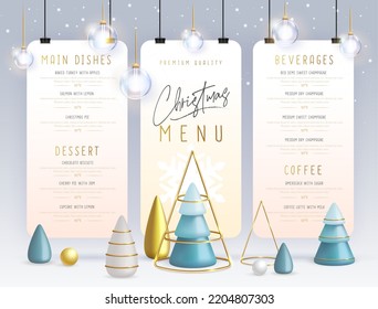 Christmas holiday restaurant menu design with realistic 3D plastic Christmas trees. Vector illustration