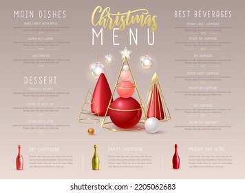 Christmas holiday restaurant menu design with realistic 3D plastic Christmas trees and champagne bottles. Vector illustration