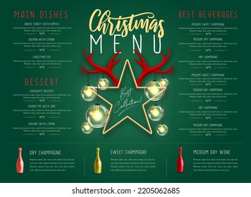 Christmas holiday restaurant menu design with 3D star with horns and champagne bottle. Vector illustration