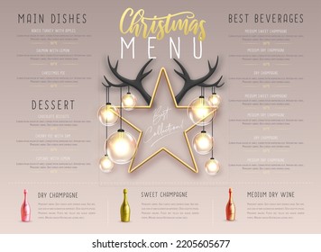 Christmas holiday restaurant menu design with 3D star with horns and champagne bottle. Vector illustration