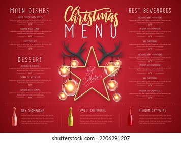 Christmas holiday restaurant menu design with 3D star with horns and champagne bottle. Vector illustration