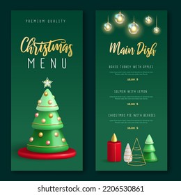 Christmas holiday restaurant menu design with realistic 3D plastic Christmas trees. Vector illustration