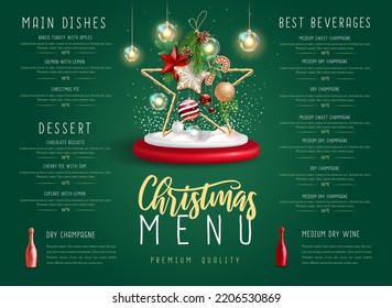Christmas holiday restaurant menu design with 3D Christmas decoration and champagne bottles. Vector illustration